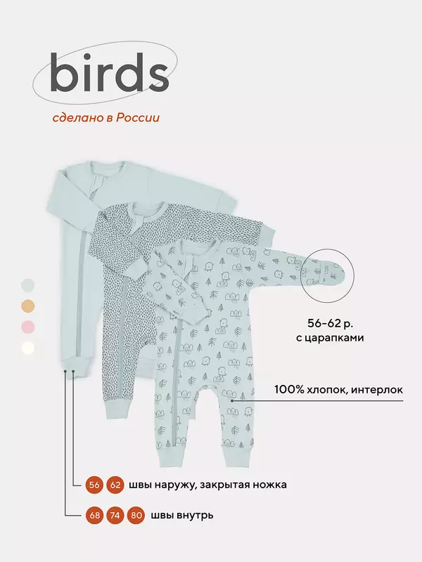 Комбинезон Mowbaby Birds на молнии (3 шт.) blue арт. 1282